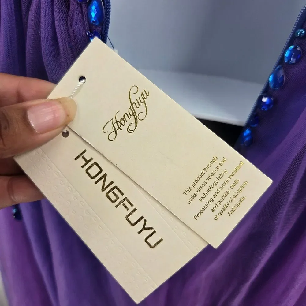 Elegant Purple Evening Gown With Blue Rhinestone Details